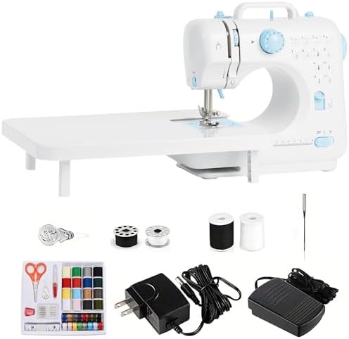 Blue beginner sewing machine with extension table