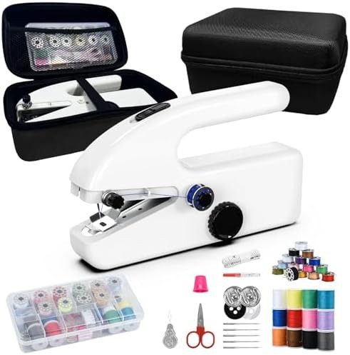Handheld sewing machine with storage box